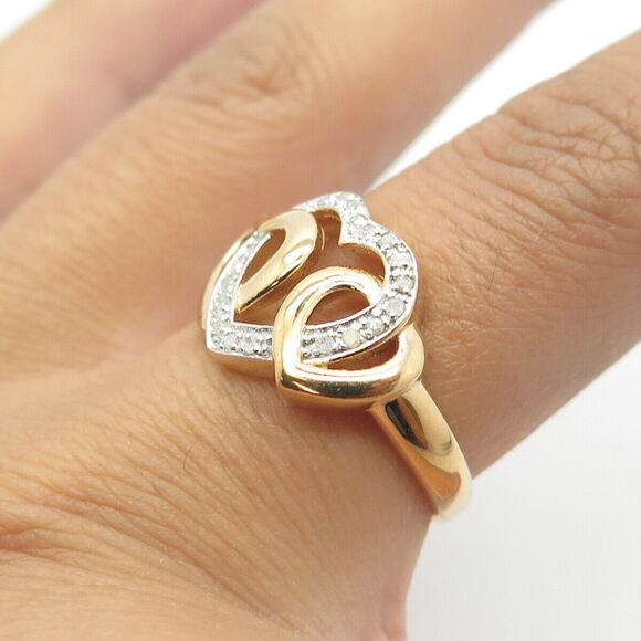 925 Sterling Silver Gold Plated Real Diamond Interlocked Hearts Ring Size 7.25 - Picture 2 of 9
